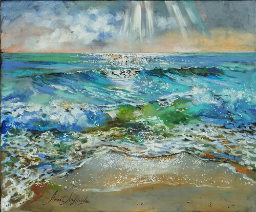 Glow of the sea. Morning seascape with waves on canvas. Original sea oil painting. by Annet Loginova, Painting for Sale on Select