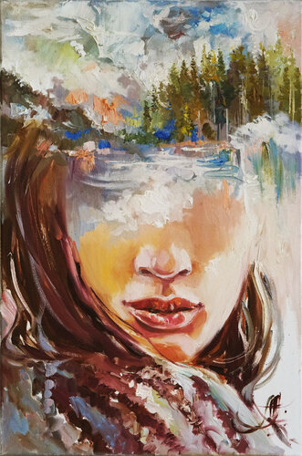 Forest woman painting. Forest landscape art. Faceless portrait. Fairy tale painting. by Annet Loginova, Painting for Sale on Select