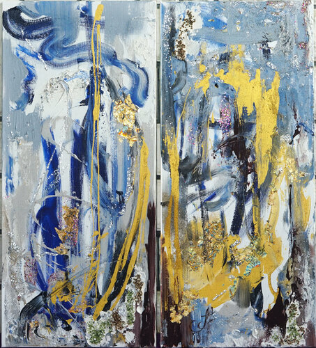 Dance on sands. Shining gold leaf mixed medium painting with texture and beads. Vertical diptych on canvas. Abstract art. by Annet Loginova, Painting for Sale on Select