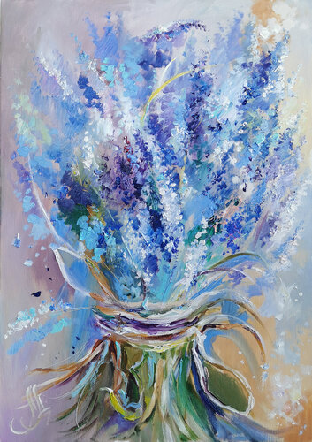Lavender Fascination. Blue flowers large abstract oil painting with a rich textured surface. Lavender bouquet. Floral art. by Annet Loginova, Painting for Sale on Select