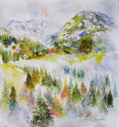 Conifer peaks. Large original watercolor painting. Landscape art. by Annet Loginova, Painting for Sale on Select