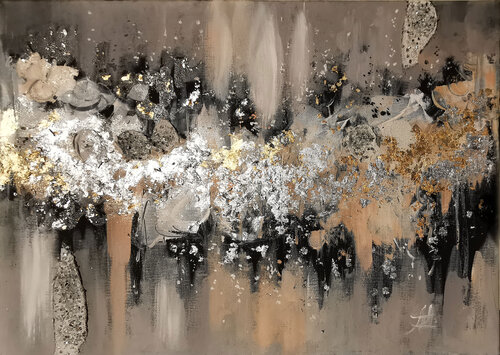 Twilight Fog. Mixed media painting (oil & acryl) with a rich textured surface, silver leaf and beads. Christmas golden hues abstraction. by Annet Loginova, Painting for Sale on Select