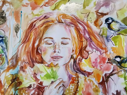 Redhead Time. Lovely redhead girl portrait, created in watercolor with gold leaf. by Annet Loginova, Painting for Sale on Select
