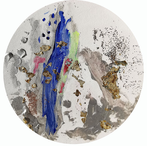 Balance. Abstract painting on a round canvas with glass beads and gold leaf. Metallic gilding round art. by Annet Loginova, Painting for Sale on Select