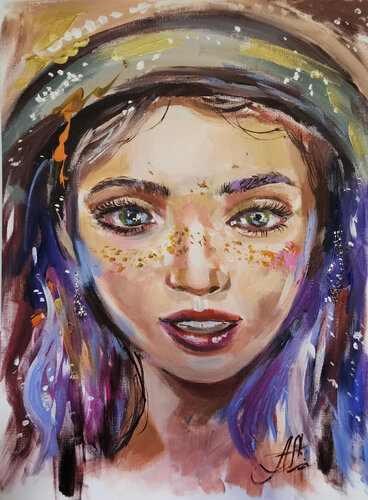 Indigo. Mesmerizing indigo girl portrait, created with acrylic paint, metal leaf and glass beads on canvas paper. by Annet Loginova, Painting for Sale on Select