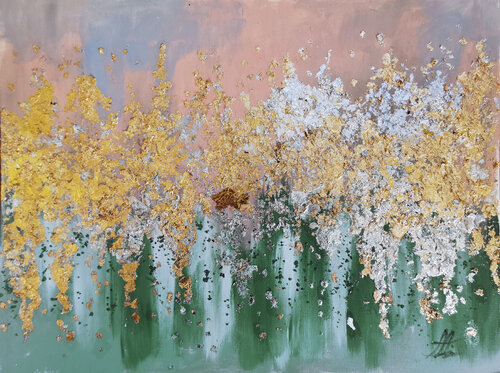 Golden Emerald. Emerald abstract painting. Chameleon color painting with metal leaf and glass beads. by Annet Loginova, Painting for Sale on Select
