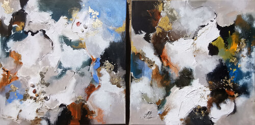 Diptych of paintings with texture. Abstract gold & blue painting. by Annet Loginova, Painting for Sale on Select