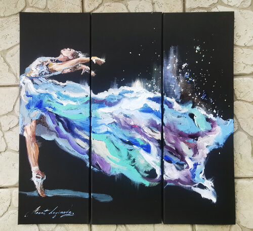 Graceful ballet dancer girl oil painting. Dancing lady artwork. Ballerina on black canvases. by Annet Loginova, Painting for Sale on Select
