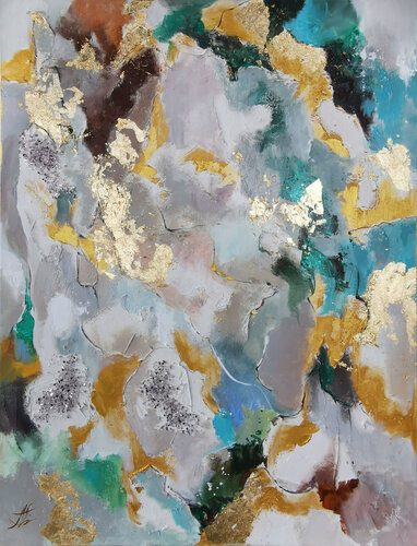 Abstract gold & emerald painting. Sparkling gold leaf artwork with textured surface. by Annet Loginova, Painting for Sale on Select