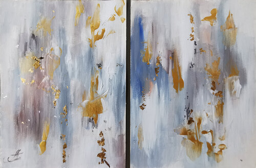 Abstract painting on canvas-paper. Shining gold leaf mixed medium paintings. Set of 2 by Annet Loginova, Painting for Sale on Select