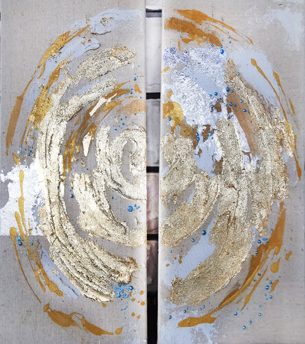 Natural canvas structure diptych. Shining gold leaf mixed medium paintings by Annet Loginova, Painting for Sale on Select