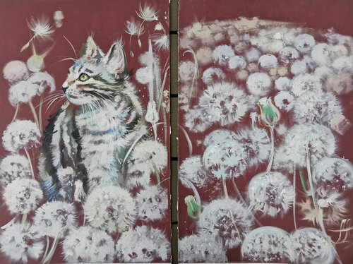 Dandelions and a cat. Set of 2 oil paintings (diptych). Animal art. by Annet Loginova, Painting for Sale on Select
