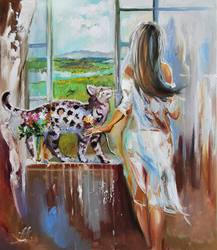 Soft creamy woman oil painting.  Graceful lady with a cat. Nature window view. by Annet Loginova, Painting for Sale on Select