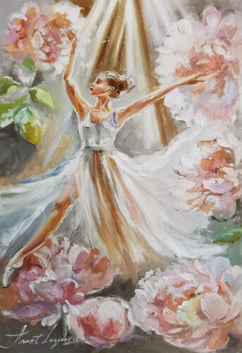 Harmonious Elegance: A Delicate Oil Painting of a Graceful Ballerina Amidst Blooming Peonies on Canvas" by Annet Loginova, Painting for Sale on Select