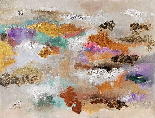 An elegant abstract painting with the addition of gold, pink shades and pearl gray. by Annet Loginova, Painting for Sale on Select