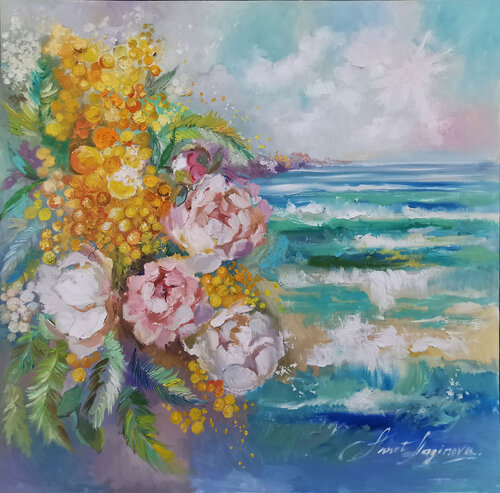 Mimosa spring. Yellow Blue flowers and sea painting. Floral art. by Annet Loginova, Painting for Sale on Select