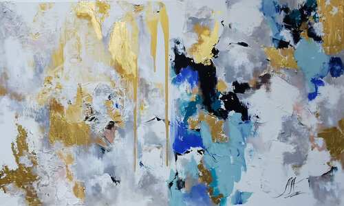 Gold Blue painting, Marble painting, Wall art canvas abstract. Sparkling gold leaf artwork with textured surface. by Annet Loginova, Painting for Sale on Select