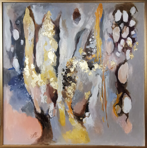 Elegant Abstract Painting in Brown, with Golden Leaf, Texture, and Shimmering Glitters in Italian Golden Wood Frame by Annet Loginova, Painting for Sale on Select