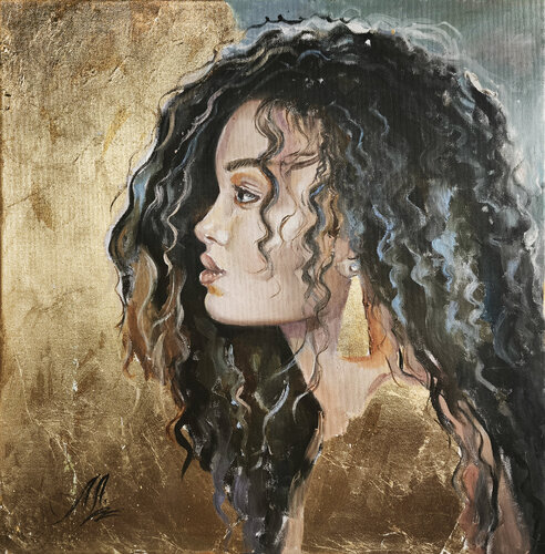 Golden Muse – Original Portrait Painting of a Woman, Oil on Canvas with Gold Leaf Gilding by Annet Loginova, Painting for Sale on Select