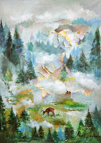 Emerald Mist &amp; Golden Peaks by Annet Loginova, Painting for Sale on Select