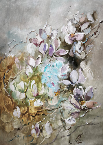 Elegant Textured Floral Oil Painting with Subtle Shimmer and Decorative Beads – Original Magnolia-Inspired Wall Art, Soft Neutral Palette by Annet Loginova, Painting for Sale on Select