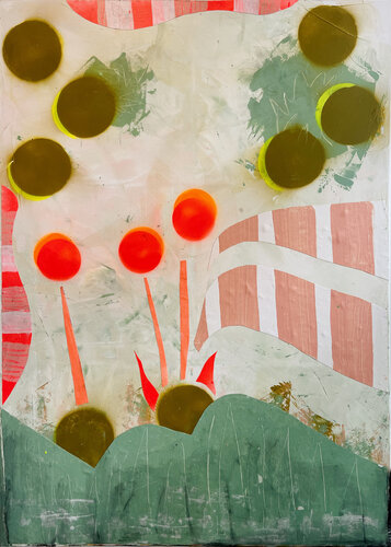 Rote Blumen auf türkisgrüner wiese by Karen und Simone Lehmann, Painting for Sale on Select