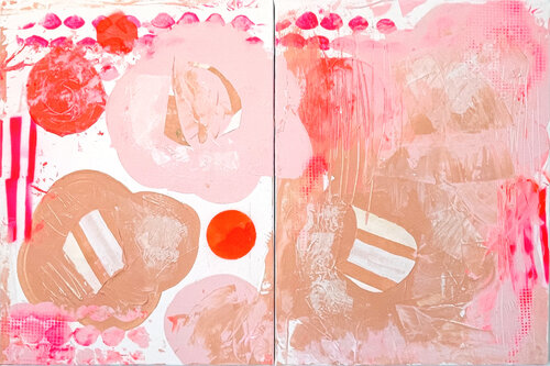 Pink Poms Party - Dyptich by Karen und Simone Lehmann, Painting for Sale on Select