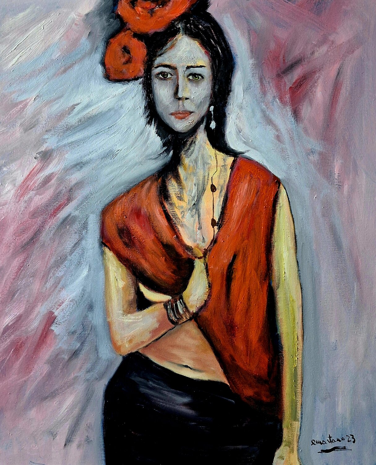 Dama in scialle rosso – Ritratto espressionista Enzo Martano Original painting for sale