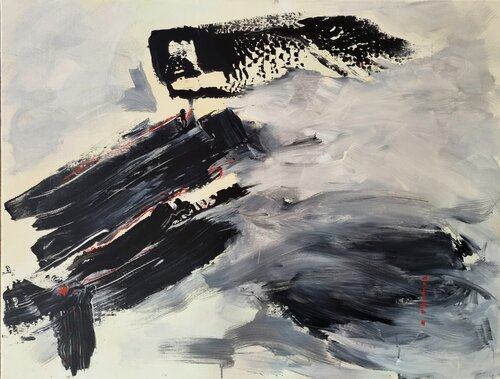 Le fil rouge de nos pensées / Anthracite et gris acier  / Gris argent,  perle et souris. by Kaithya Huc, Painting for Sale on Select