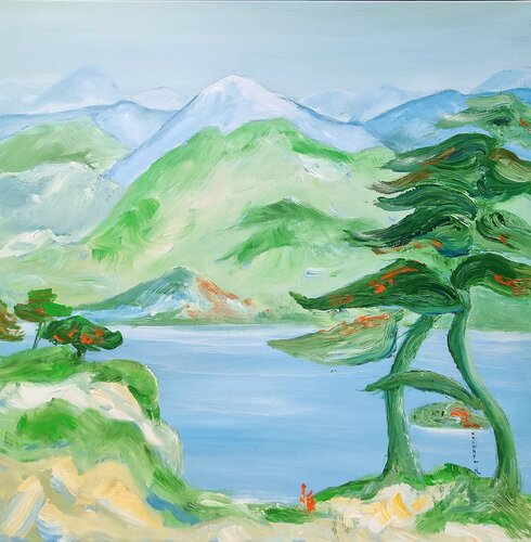 Des montagnes à la rivière / Face a l'immensité / Nourris par le souffle by Kaithya Huc, Painting for Sale on Select