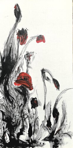 Délicate robe rouge / Douce et veloutée  /  Assourdissants insectes by Kaithya Huc, Painting for Sale on Select