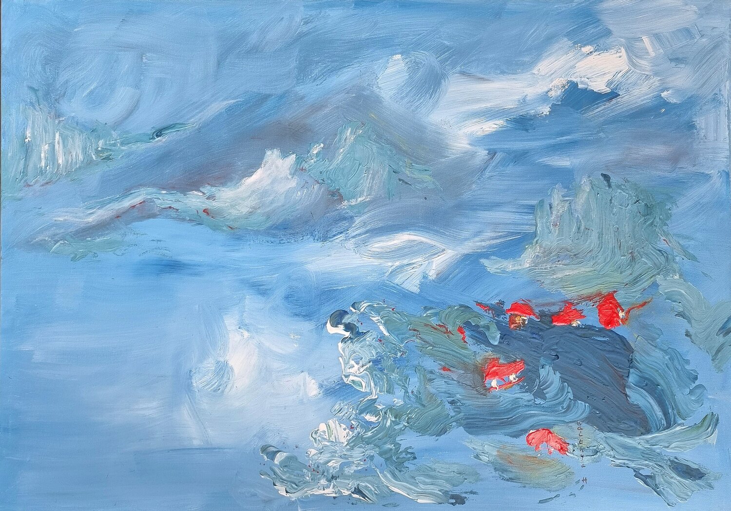 Norvège, solstice d'été / Le soleil de minuit / Illumine les fjords Kaithya Huc Original painting for sale