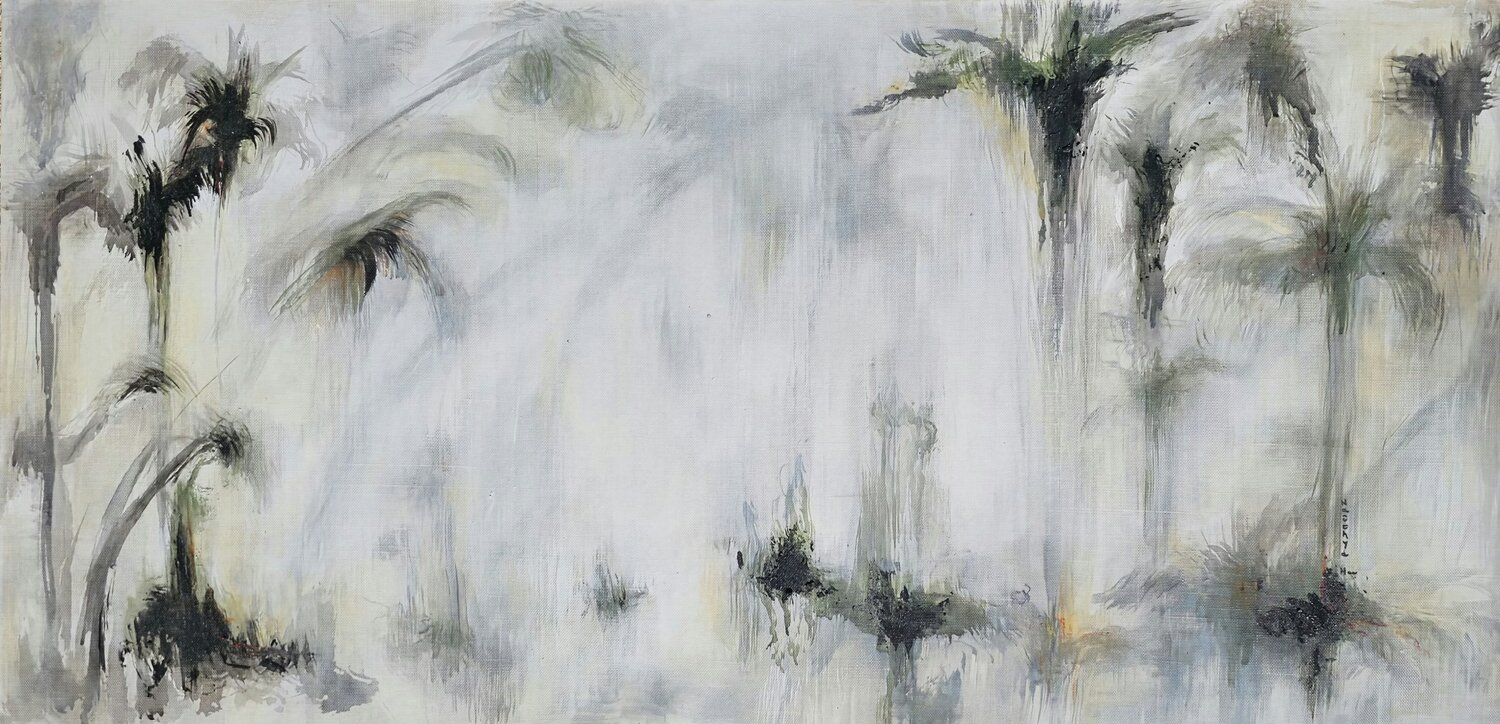 Les palmes s’effacent / Dans la blancheur du matin  / Reste une présence Kaithya Huc Original painting for sale