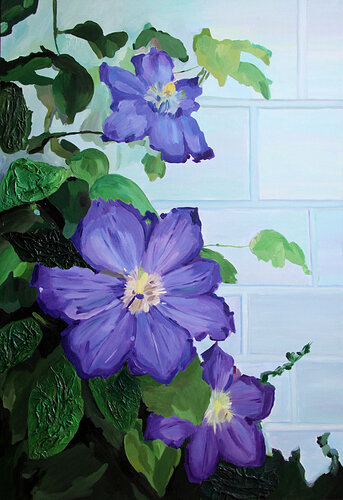Clematis flowers along a brick wall by Svetlana Saratova, Painting for Sale on Select