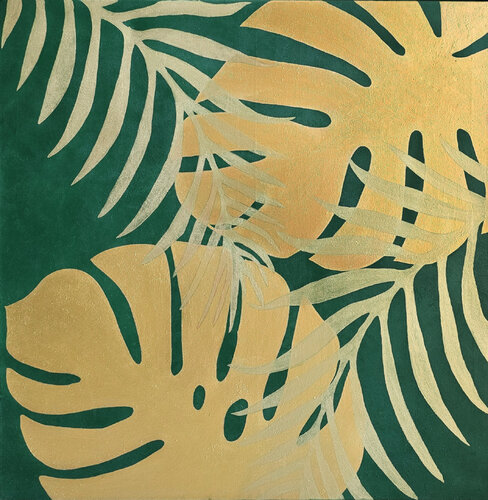 Golden fern leaves on a green background. by Svetlana Saratova, Painting for Sale on Select
