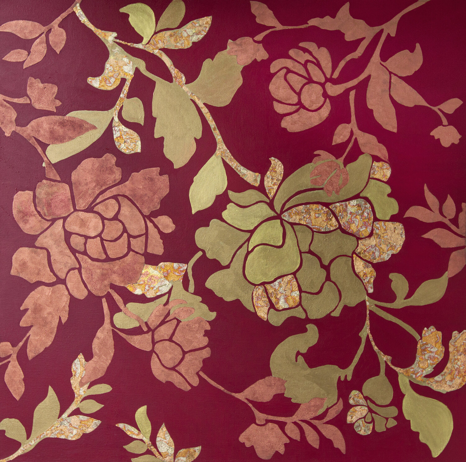 Golden peonies on a burgundy background. Svetlana Saratova Original painting for sale
