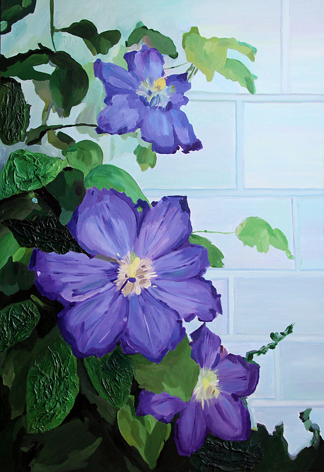 Clematis flowers along a brick wall Svetlana Saratova Original painting for sale