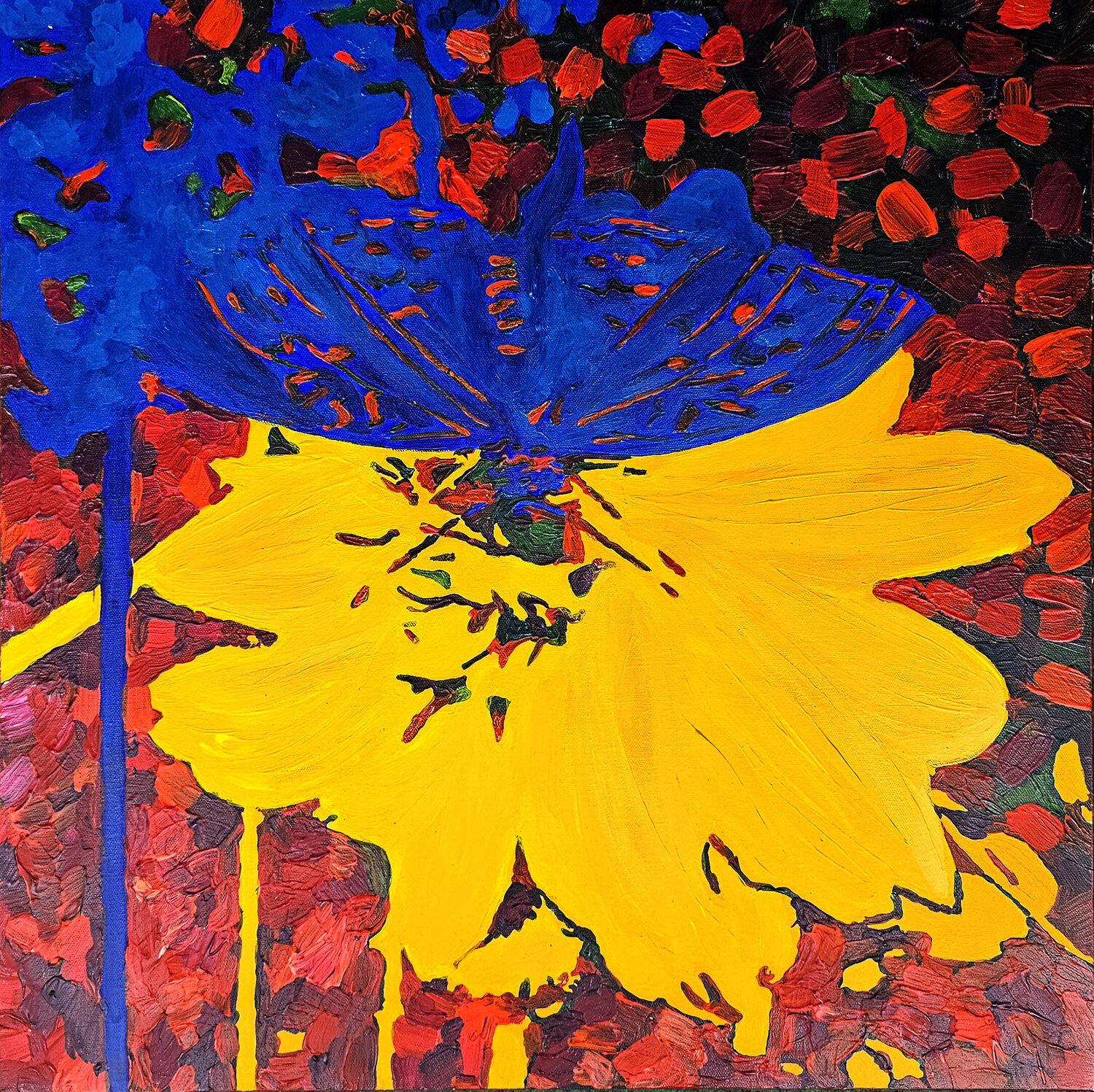Blue butterfly on a yellow flower Svetlana Saratova Original painting for sale