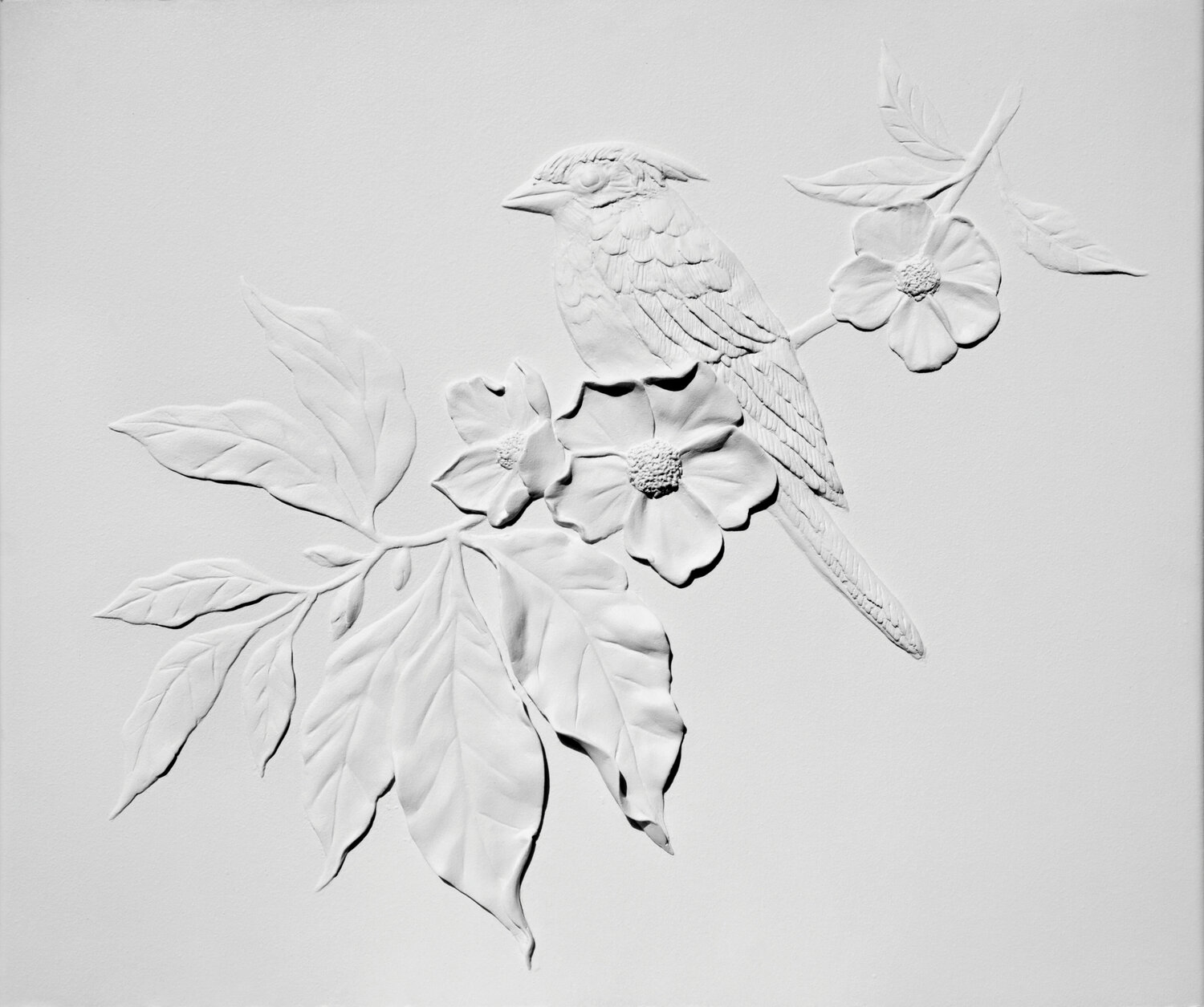 Textured bird on a branch. Bas-relief. Svetlana Saratova Original painting for sale