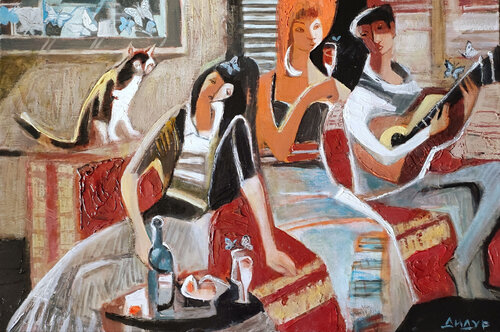 In an interior with blue butterflies by Galya Didur, Painting for Sale on Select
