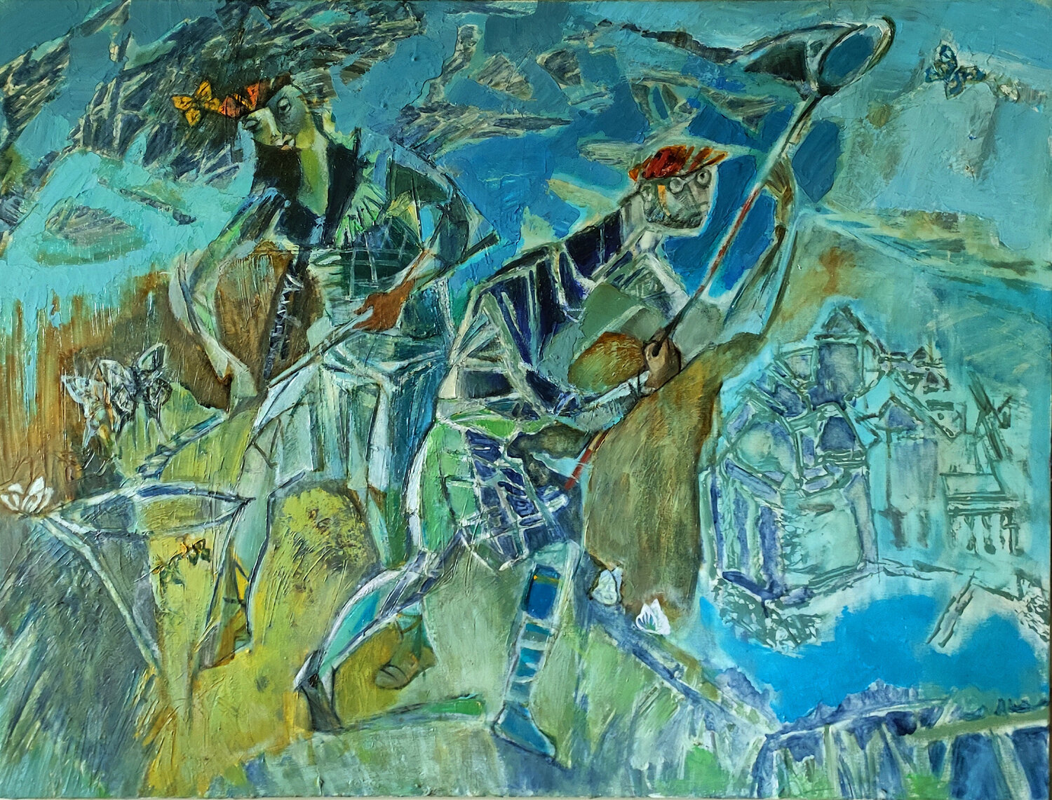ֲCatching butterflies against the background of Chillon Castle Galya Didur Original painting for sale