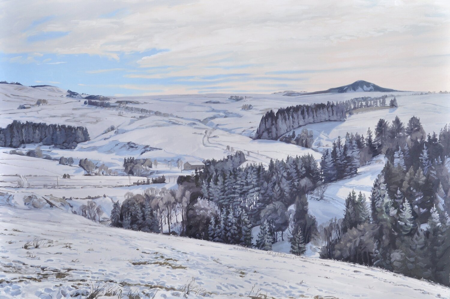 Soleil du matin sur le massif du Mézenc enneigé Anne Baudequin Original painting for sale