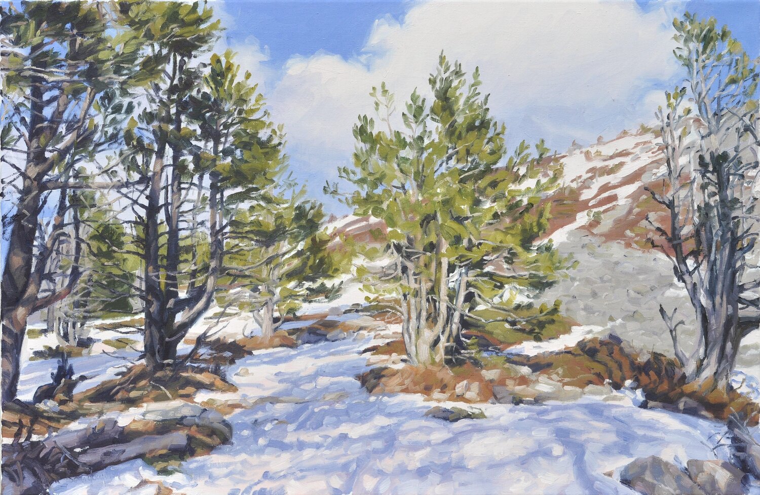 Pins sur le Mont Mézenc enneigé Anne Baudequin Original painting for sale