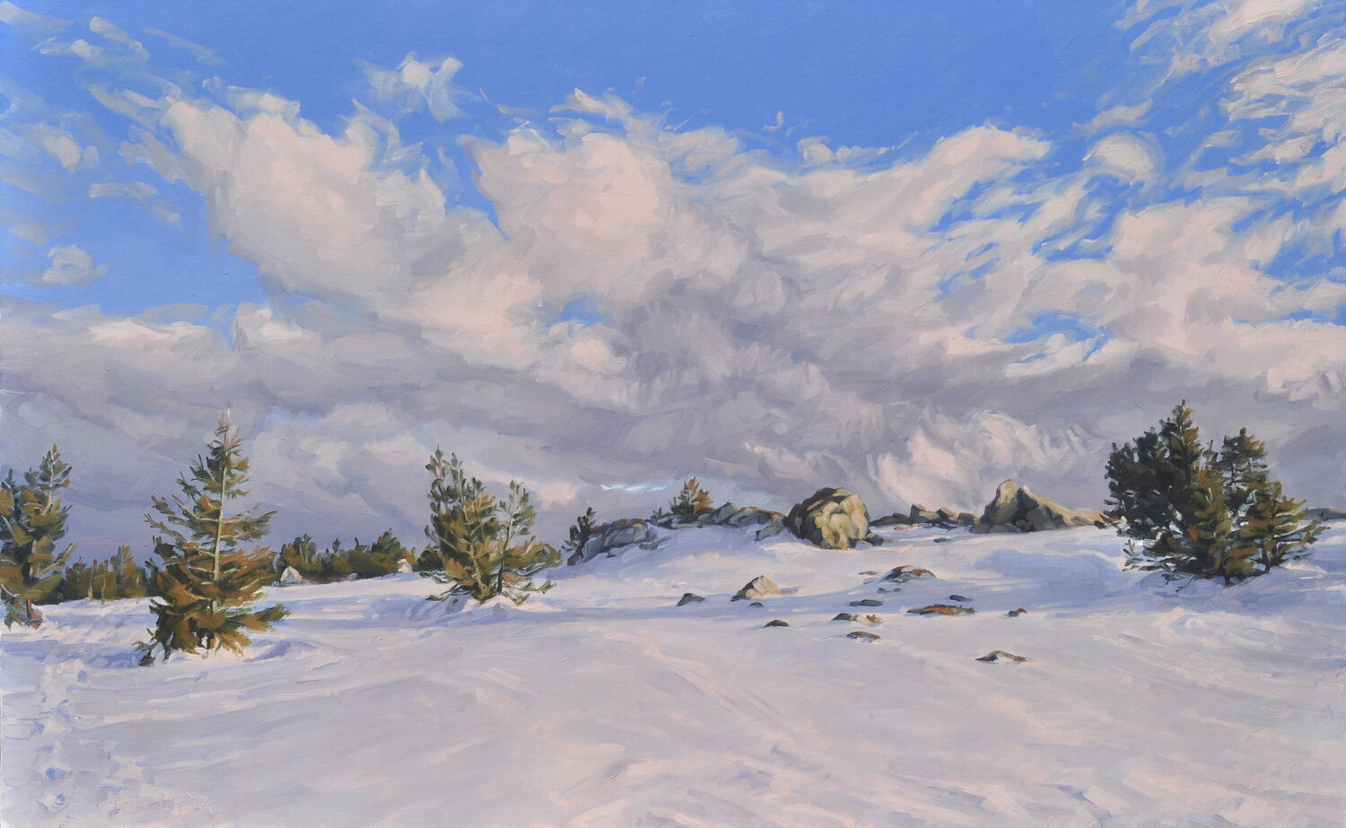 Mont Mézenc enneigé, nuages du soir Anne Baudequin Original painting for sale