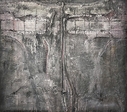 O.T. - Originalbild / Strukturen - Sackleinen - Experimentelle Malerei auf Holz by Rudi Eckerle, Painting for Sale on Select