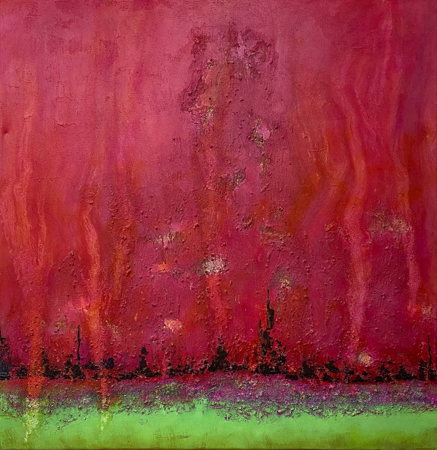 O.T. -  Rot - Grün  - Farbfeldmalerei / Lands Cape Strukturen  /  Originalbild Mixed Media auf Leinwand Rudi Eckerle Original painting for sale