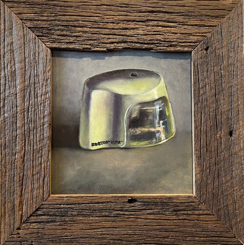 Vintage Boston Vista sharpener in 100 year old barn wood frame by Tracy Ostmann Haschke, Painting for Sale on Select