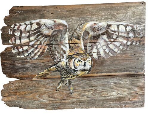 Great Horned Owl on Wood von Tracy Ostmann Haschke, Malerei kaufen auf Select