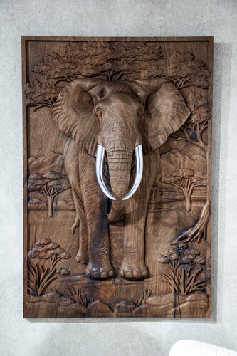 Majestic African Elephant 3D Relief Wood Wall Art by M Yavuz Öney, Sculpture for Sale on Select