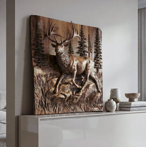 Wooden Deer - Elk 3D Wood Relief Wall Art by M Yavuz Öney, Sculpture for Sale on Select